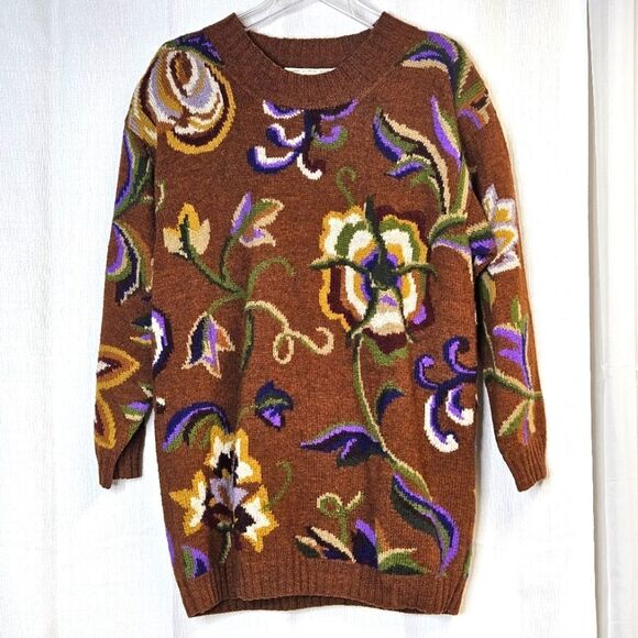 Adrienne Vittadini Rust Floral Long Sleeve Wool Blend Cozy Knit Tunic Sweater - Picture 1 of 11